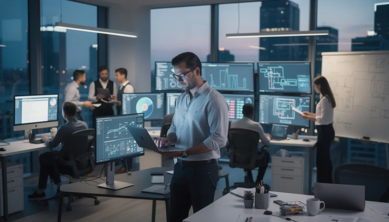 A professional team working on fractional cto services for saas startups solutions in a modern office environment