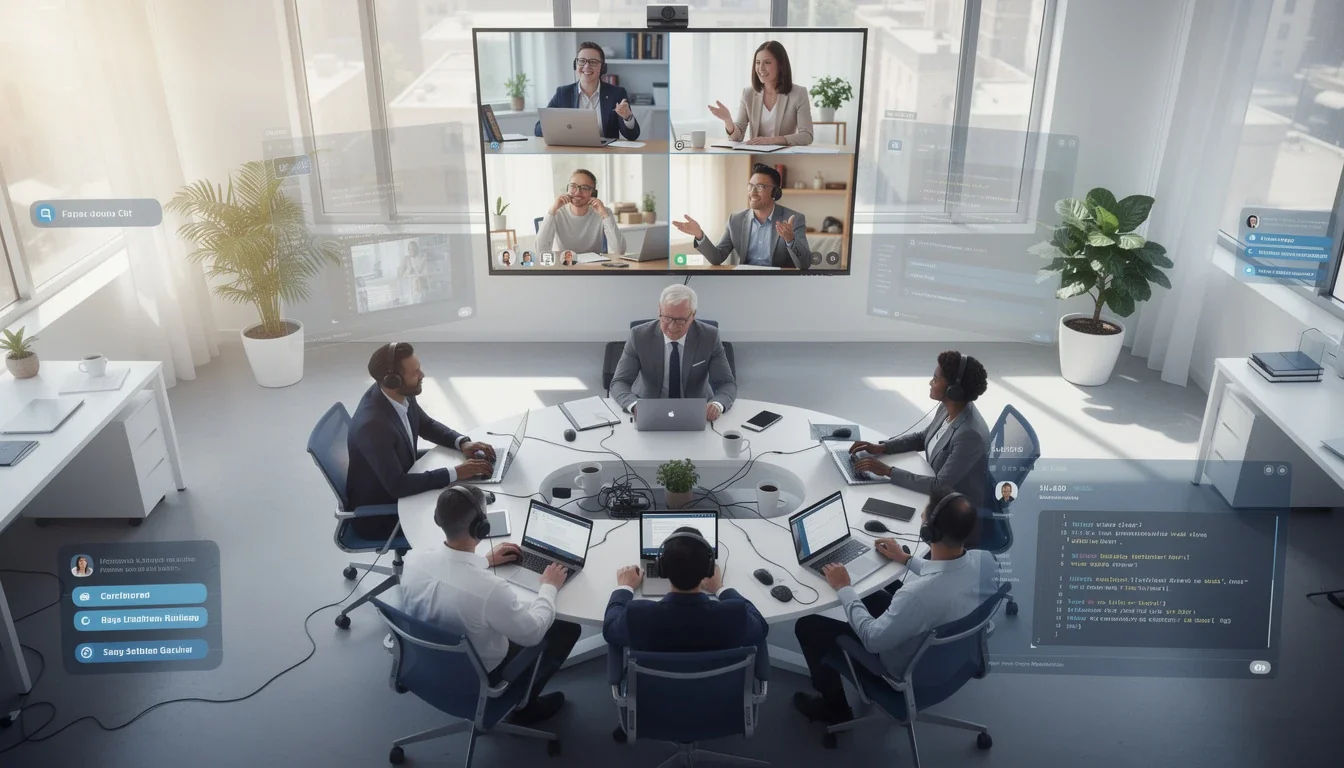 A professional team working on hybrid development team communication strategies solutions in a modern office environment