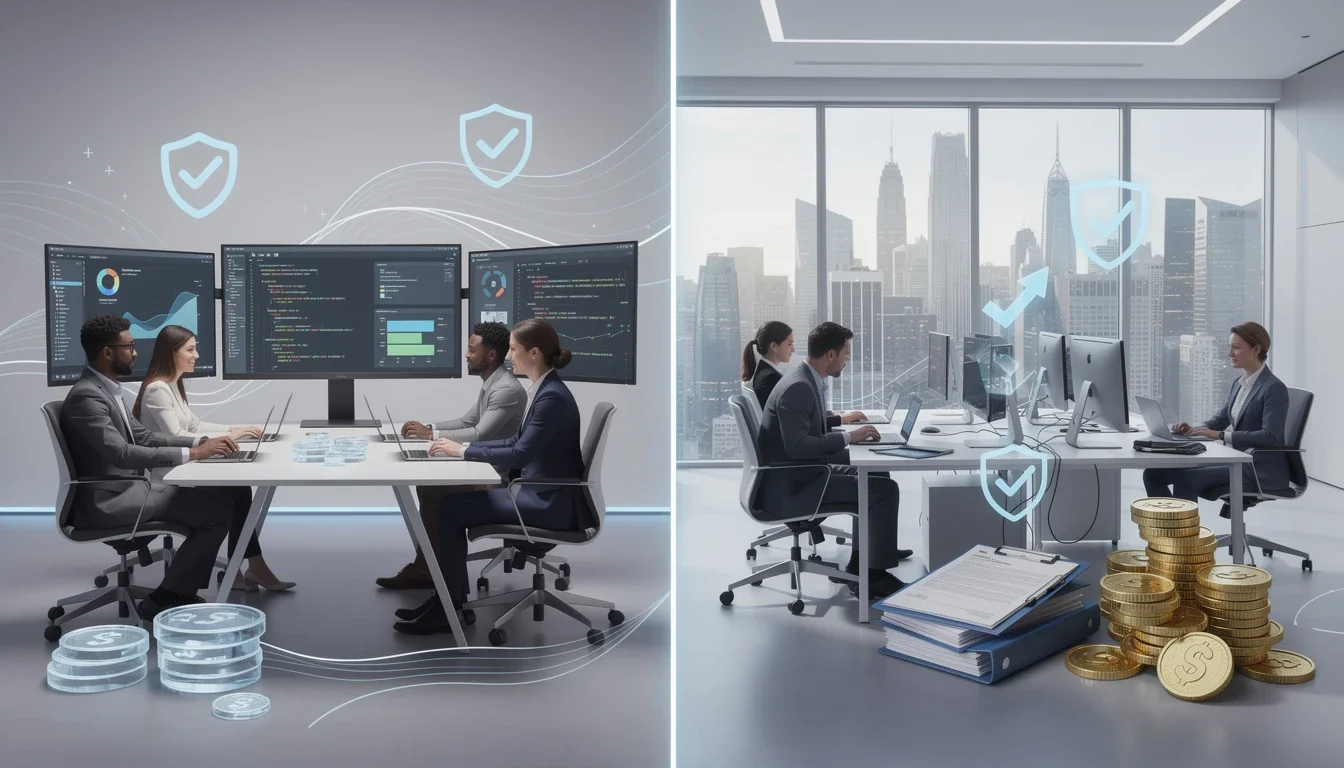 An illustrated diagram showing the key benefits of fraction of the cost software development versus us hires strategies
