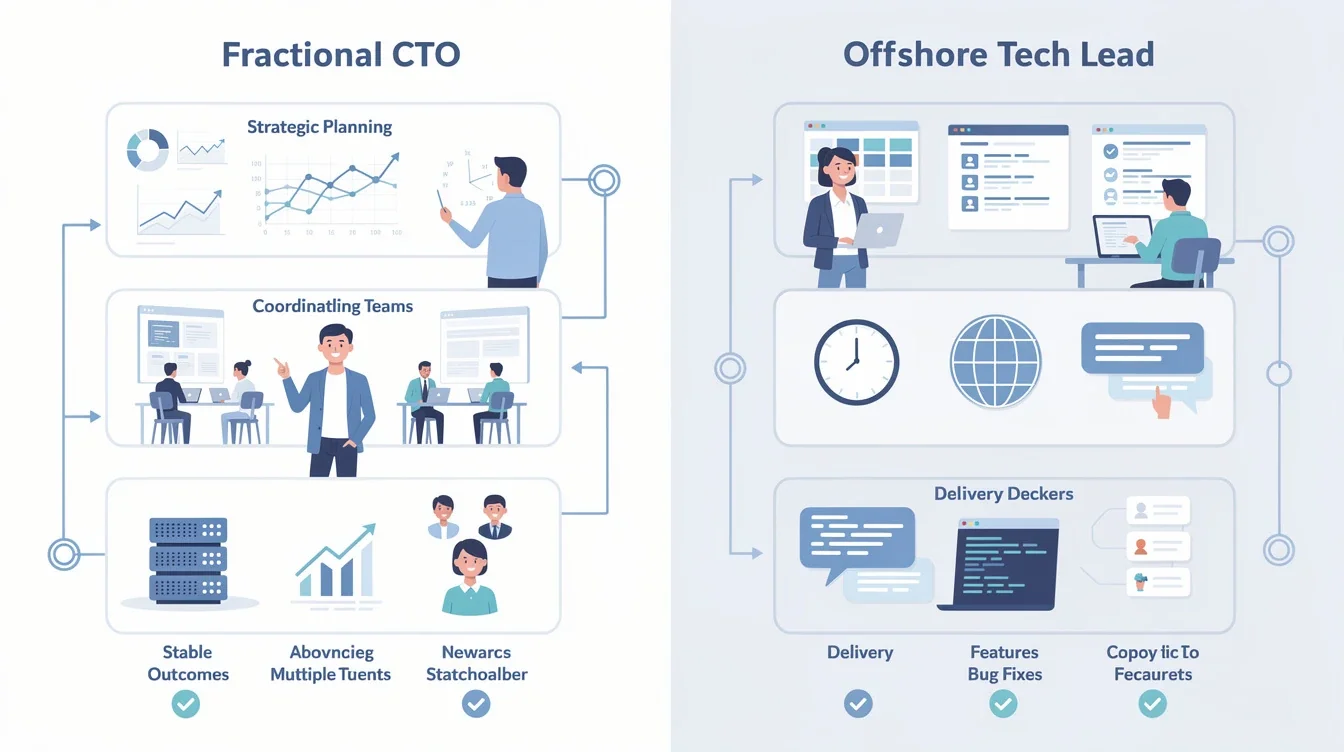 A step-by-step visual process guide demonstrating how fractional cto vs offshore tech lead works