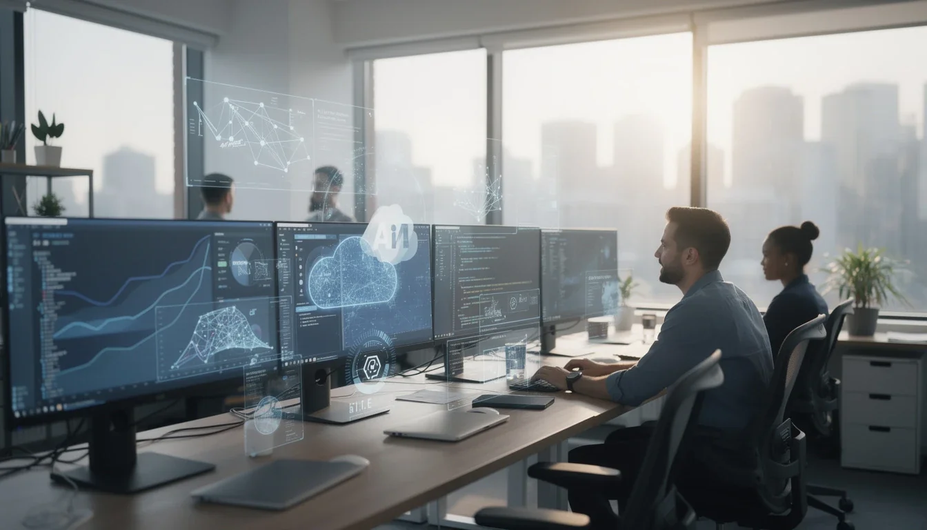 A professional team working on ai model training saas product early stages solutions in a modern office environment