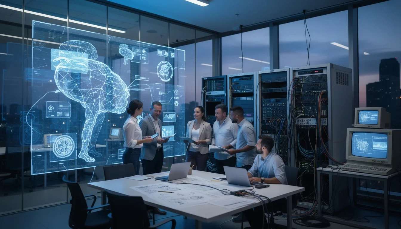 A professional team working on challenges integrating ai with legacy software solutions in a modern office environment