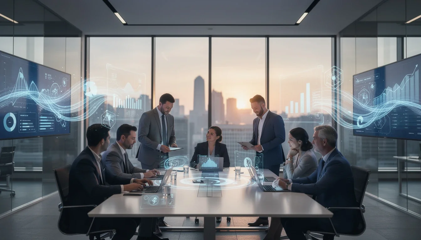 A professional team working on data transformation strategies for mid-sized companies solutions in a modern office environment