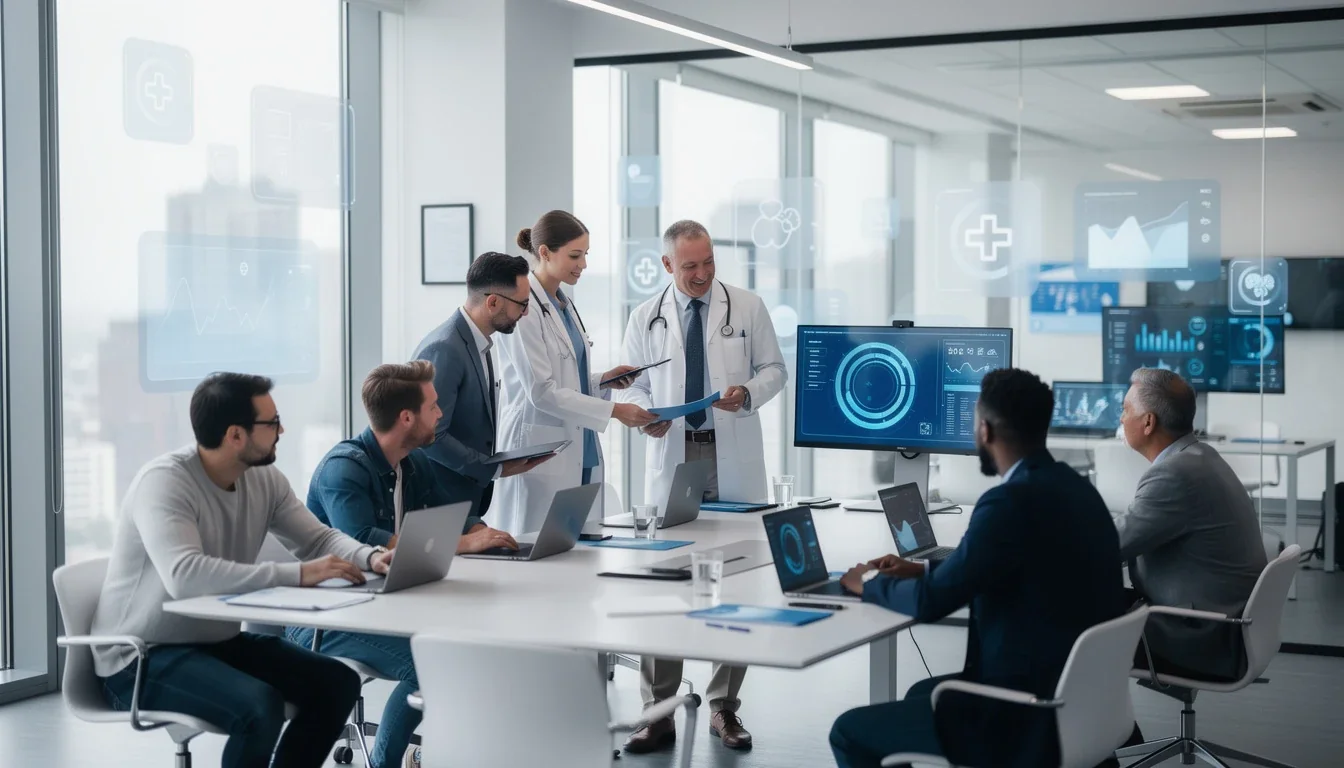 A professional team working on hybrid development model healthcare saas startup solutions in a modern office environment