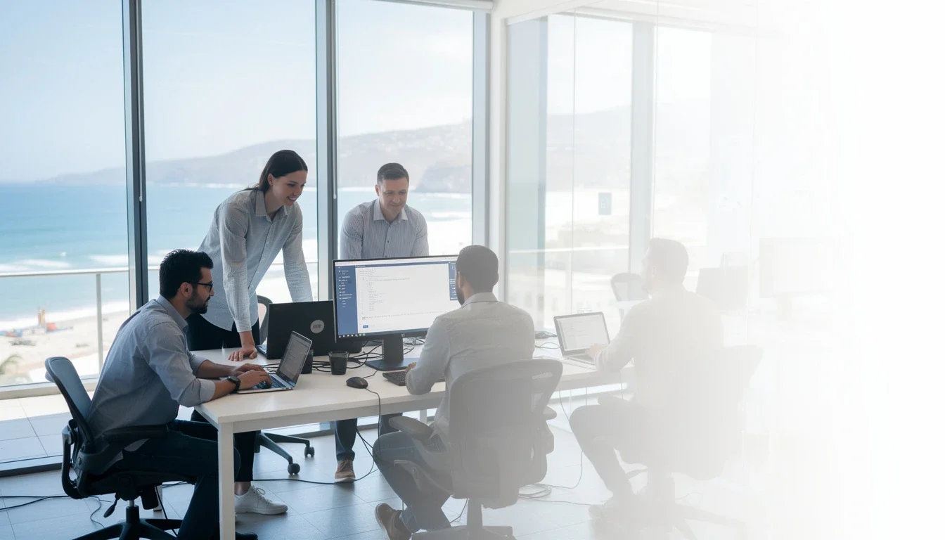 A professional team working on niche offshore developers for saas startups solutions in a modern office environment