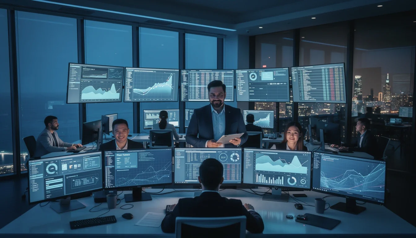 A professional team working on offshore qa automation for product speed solutions in a modern office environment