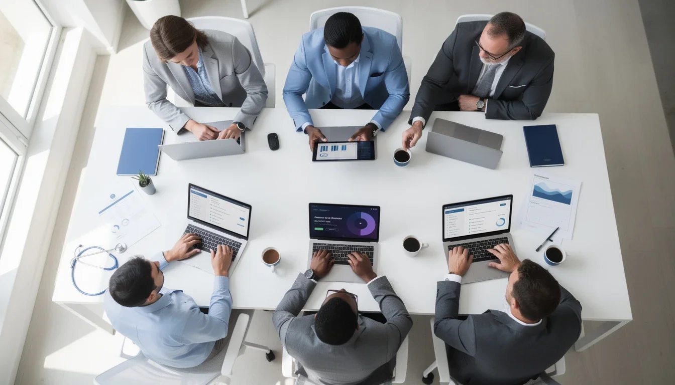 A professional team working on outsourcing software compliance healthcare startups solutions in a modern office environment