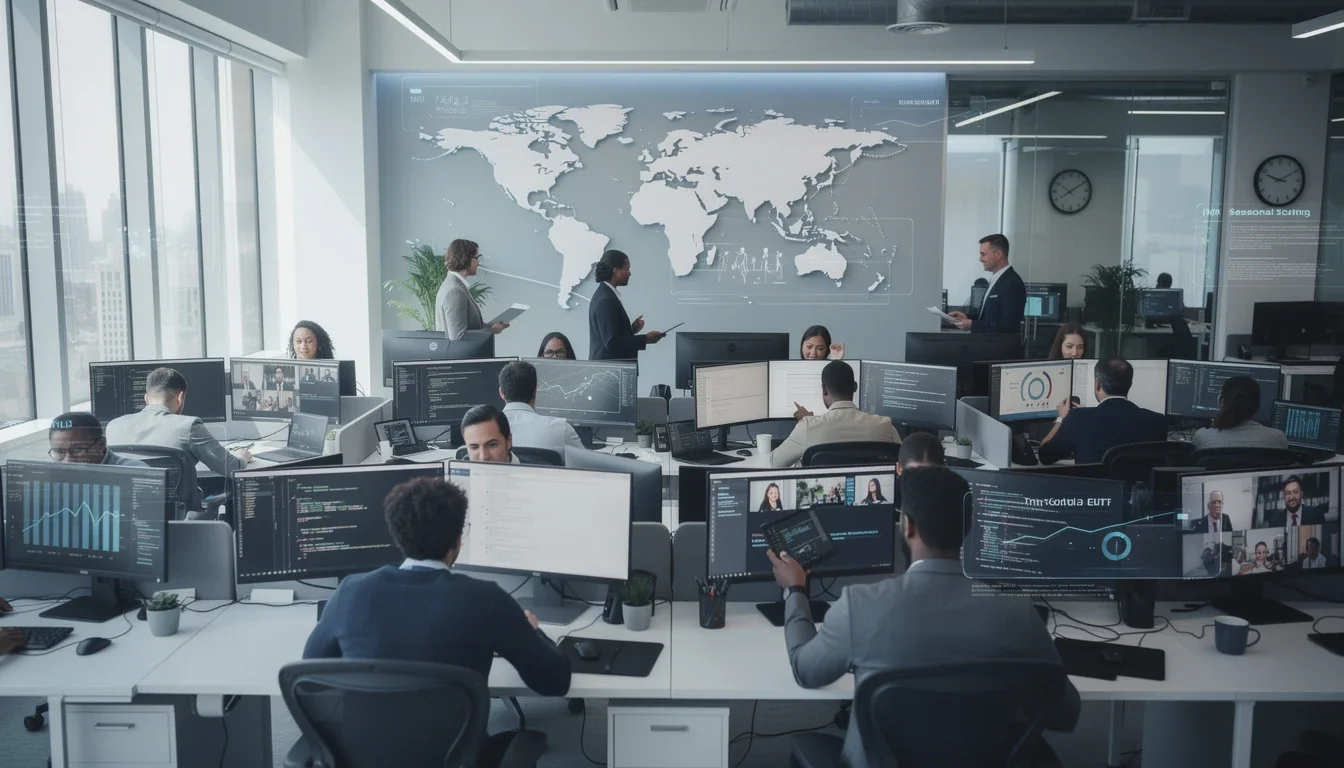 A professional team working on seasonal offshore software team scaling strategy solutions in a modern office environment