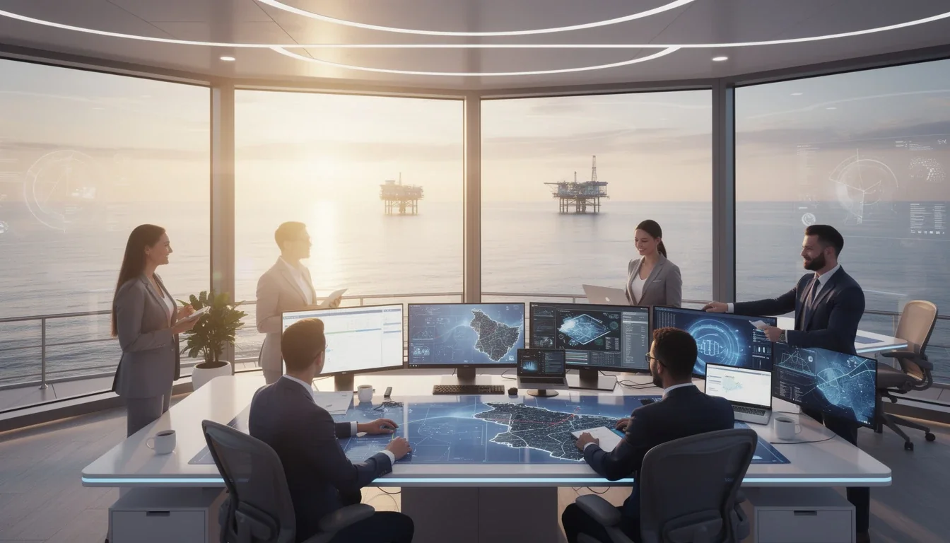 A professional team working on seasonal product launch offshore planning 2026 solutions in a modern office environment