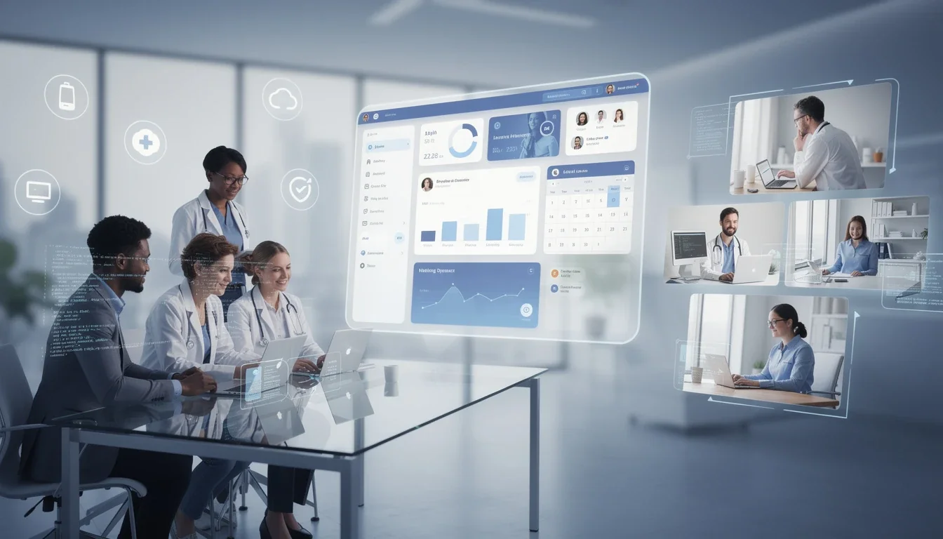 An illustrated diagram showing the key benefits of hybrid development model healthcare saas startup strategies