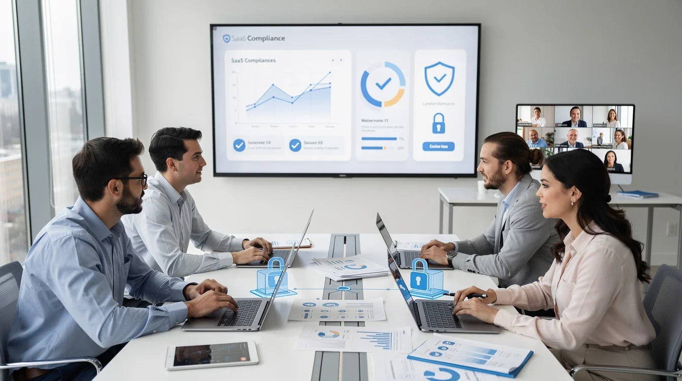 An illustrated diagram showing the key benefits of hybrid teams handling saas compliance challenges strategies