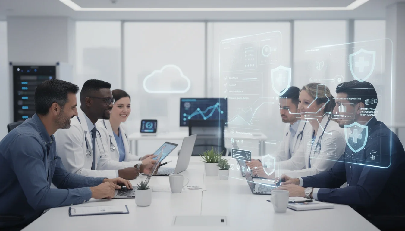 An illustrated diagram showing the key benefits of outsourcing software compliance healthcare startups strategies