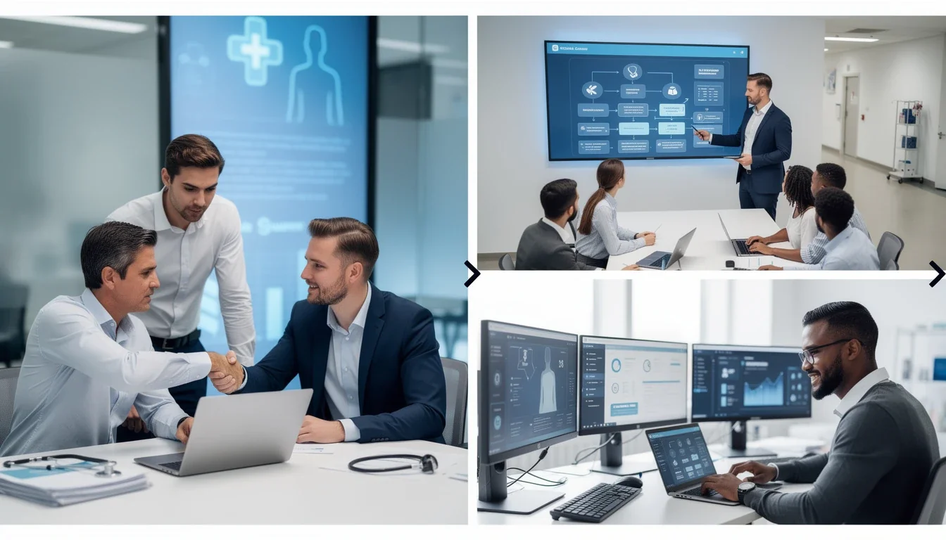 A step-by-step visual process guide demonstrating how outsourcing software compliance healthcare startups works