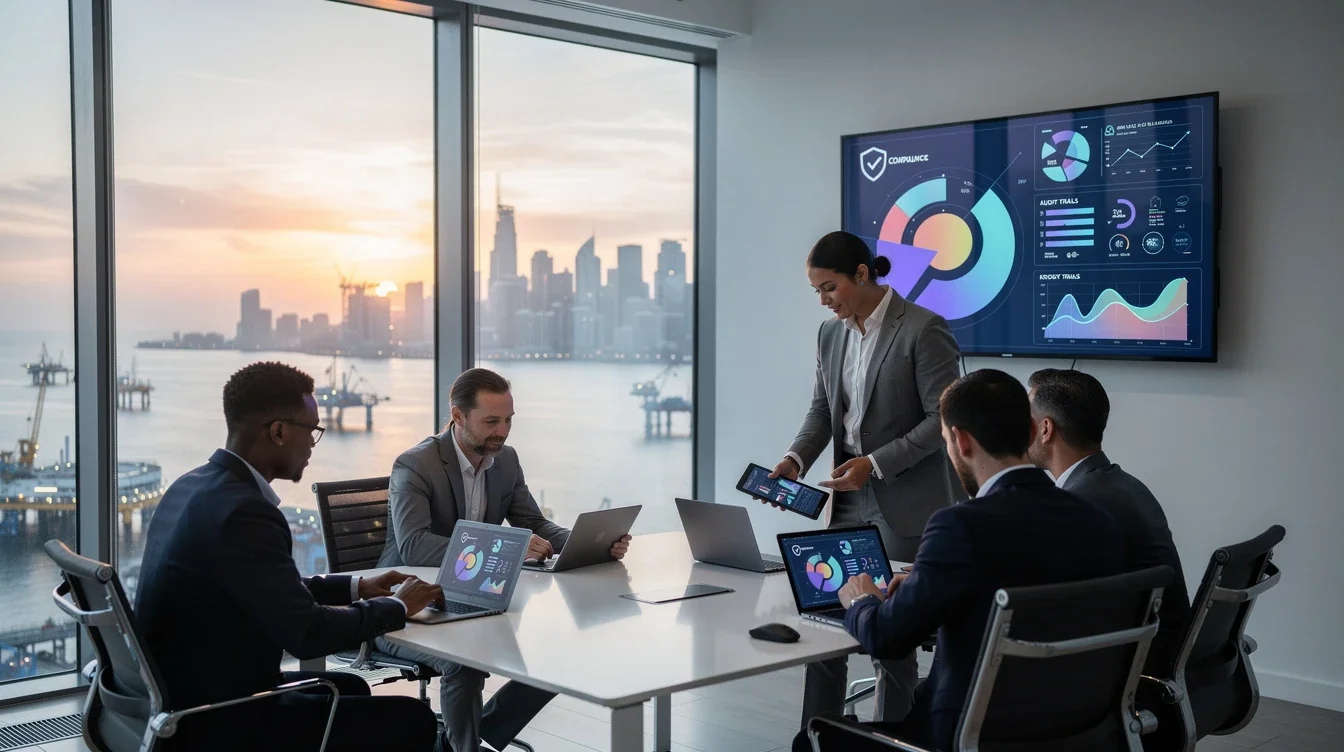 An illustrated diagram showing the key benefits of compliance risk management offshore software teams strategies