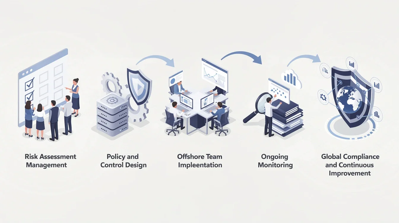 A step-by-step visual process guide demonstrating how compliance risk management offshore software teams works