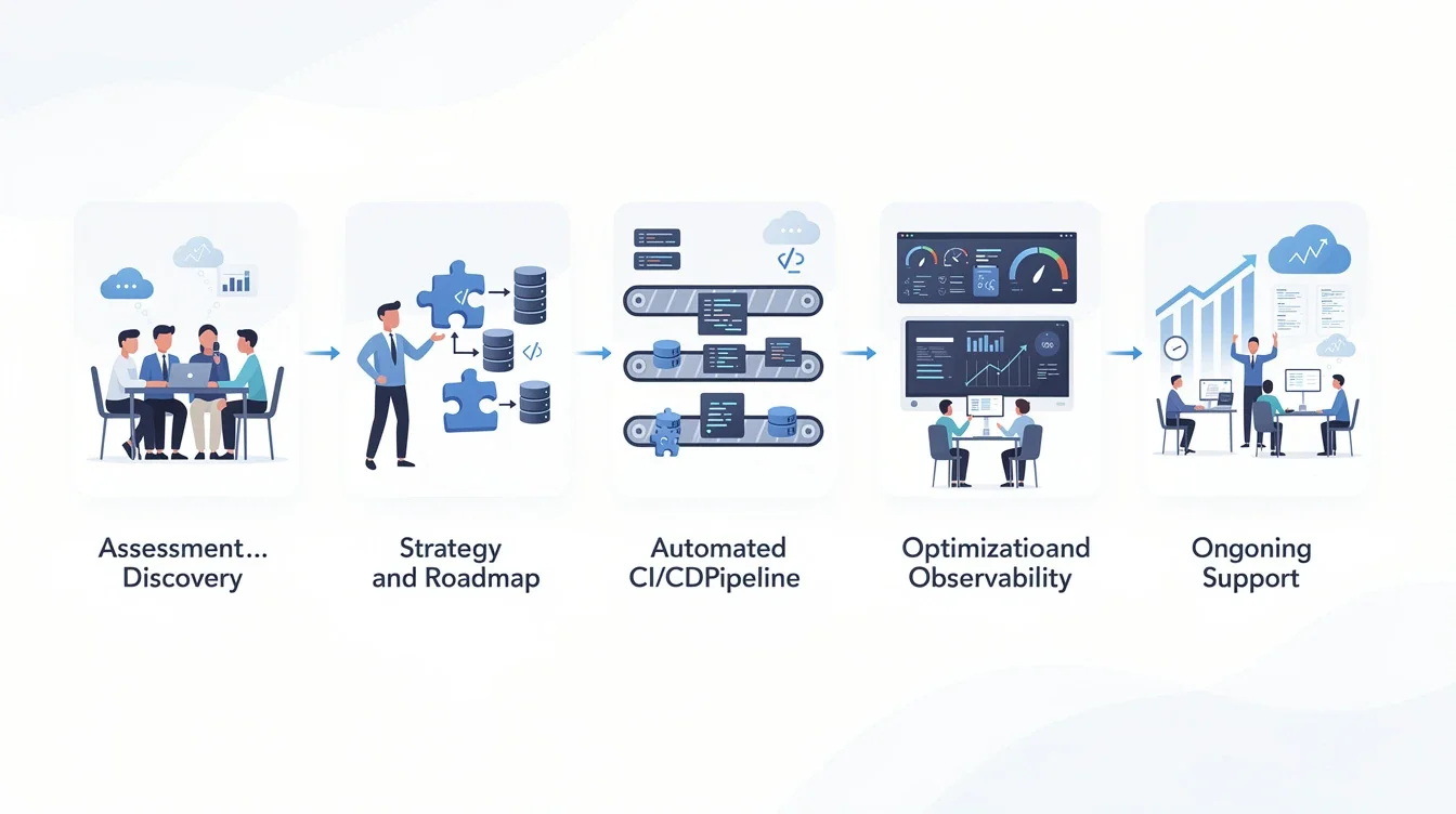 A step-by-step visual process guide demonstrating how fractional devops consulting for startups works