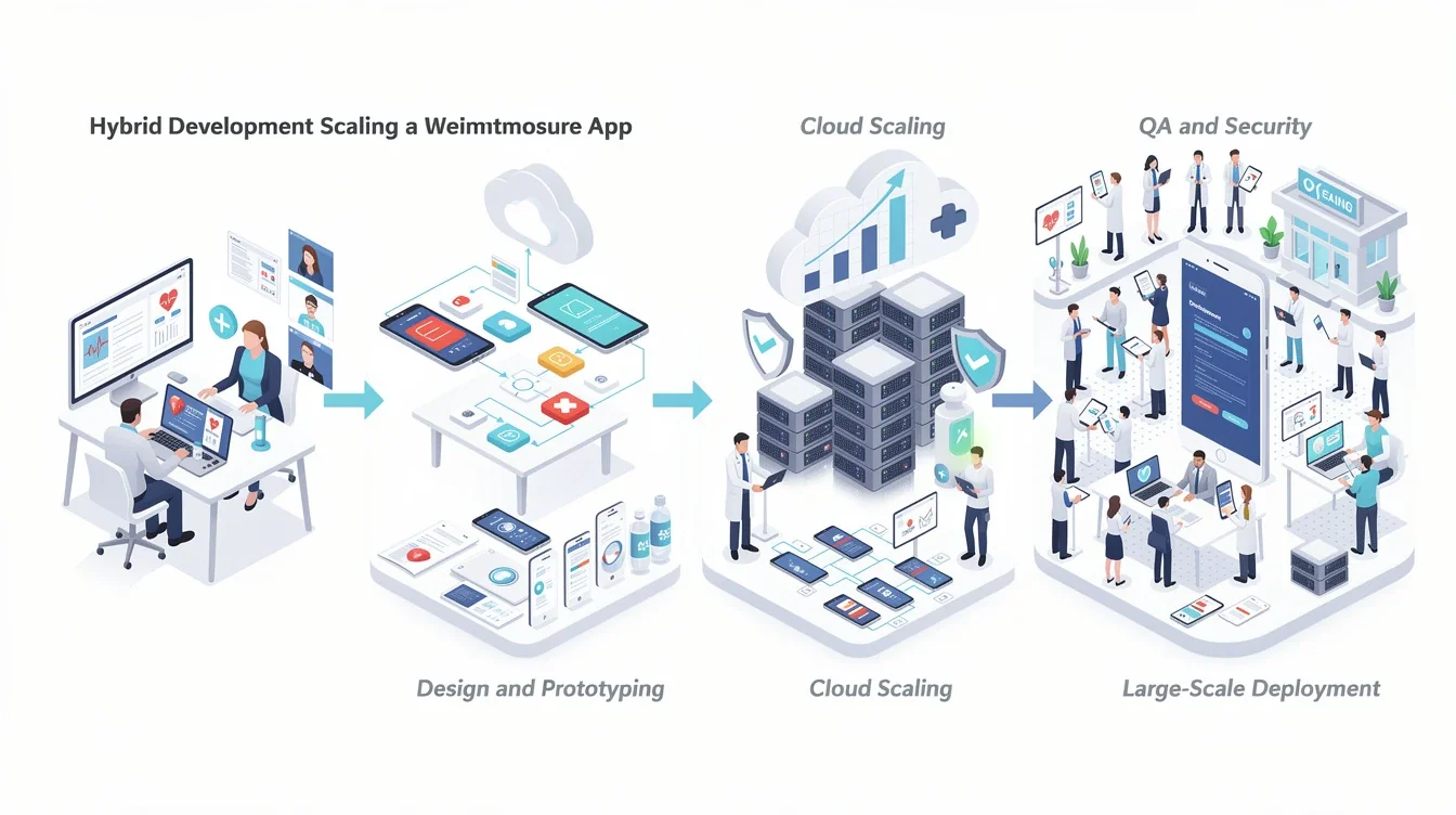 A step-by-step visual process guide demonstrating how hybrid dev team healthcare app scaling case study works