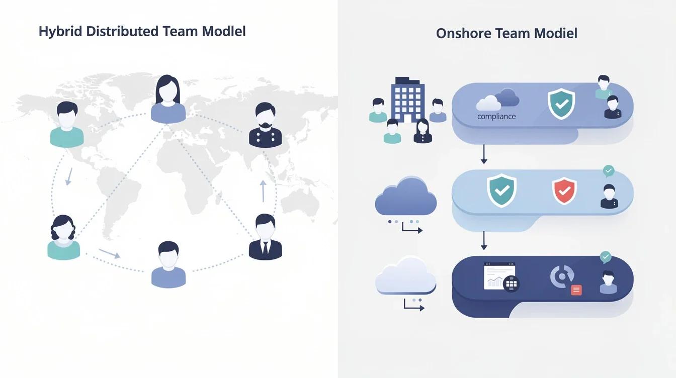 A step-by-step visual process guide demonstrating how hybrid vs onshore team models for regulated saas works