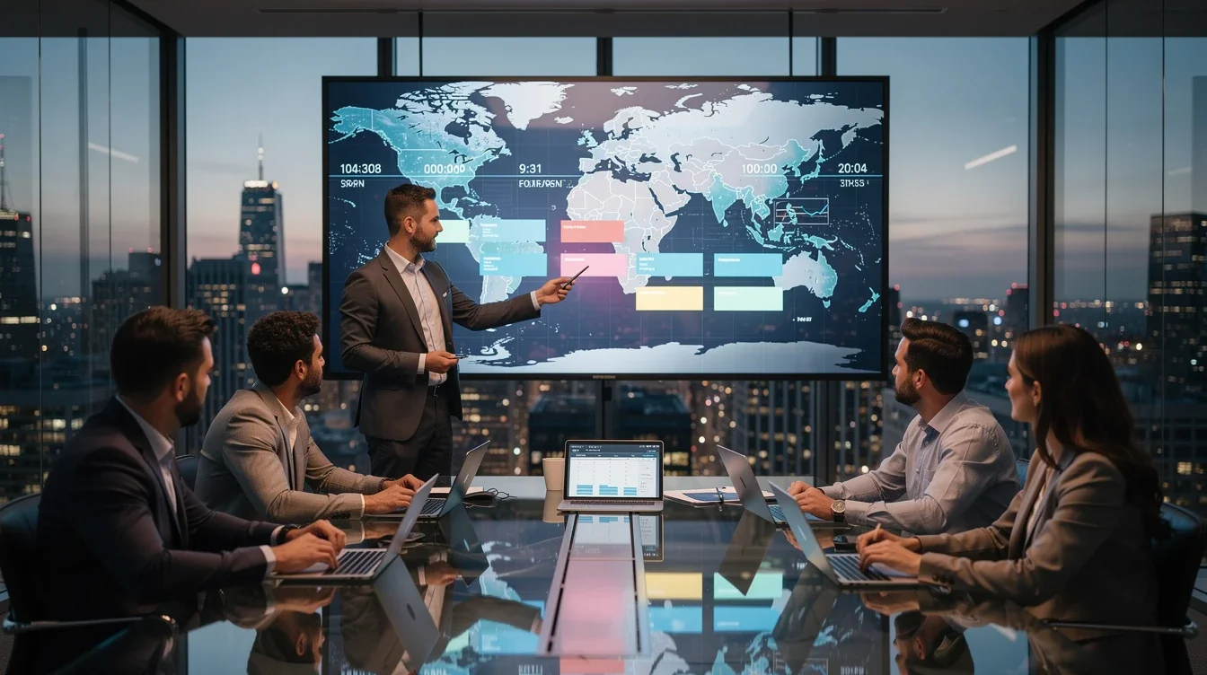 A professional team working on offshore sprint planning for investor time zones solutions in a modern office environment