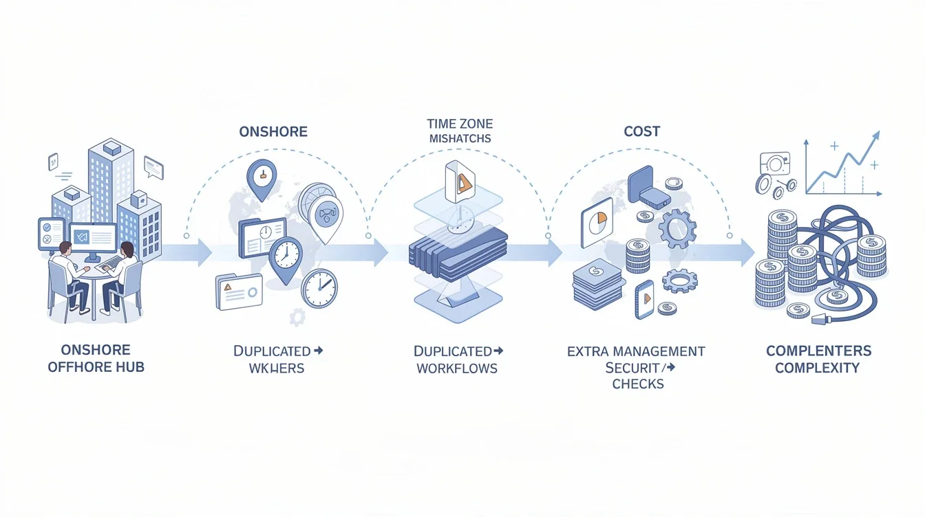 A step-by-step visual process guide demonstrating how hidden operational costs hybrid offshore teams works
