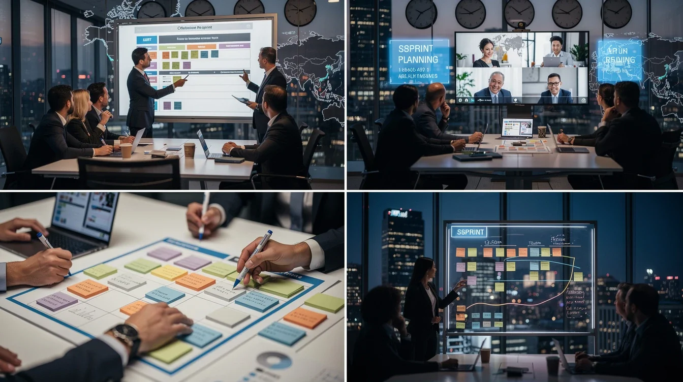 A step-by-step visual process guide demonstrating how offshore sprint planning for investor time zones works