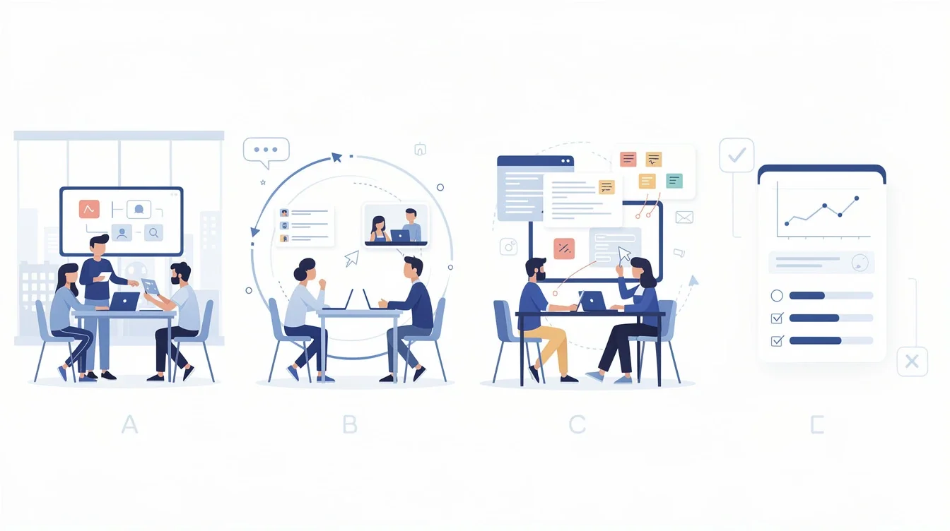 A step-by-step visual process guide demonstrating how real-time collaboration tools for hybrid teams works