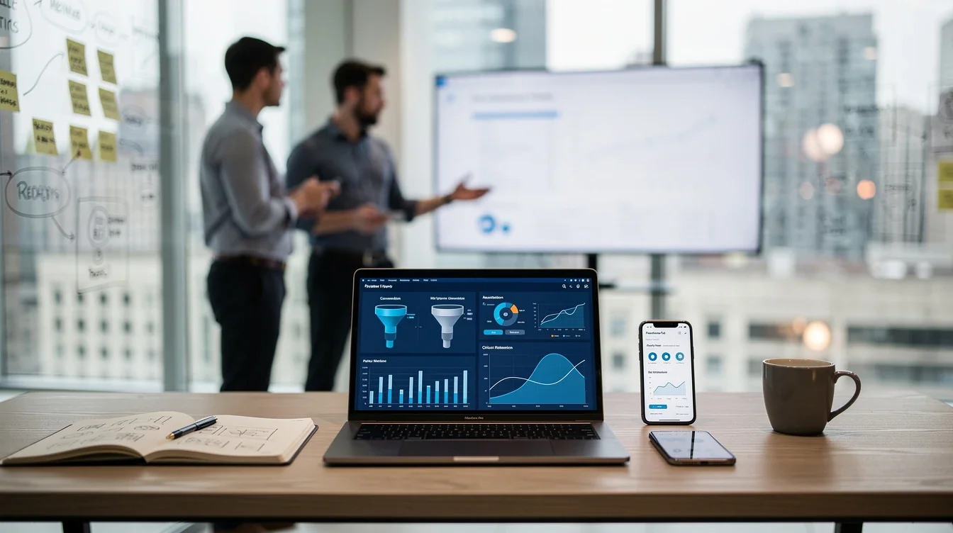 A professional team working on early stage product analytics for startups solutions in a modern office environment