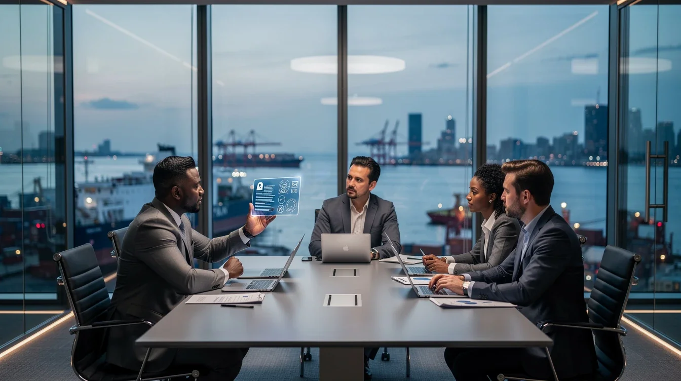 A professional team working on legal liability offshore software teams solutions in a modern office environment